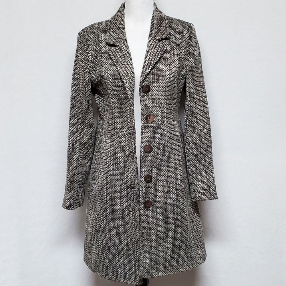 VINTAGE 90s/Y2K Old Navy Brown Tweed Italian Wool Princess Coat Peacoat Jacket - Picture 2 of 15